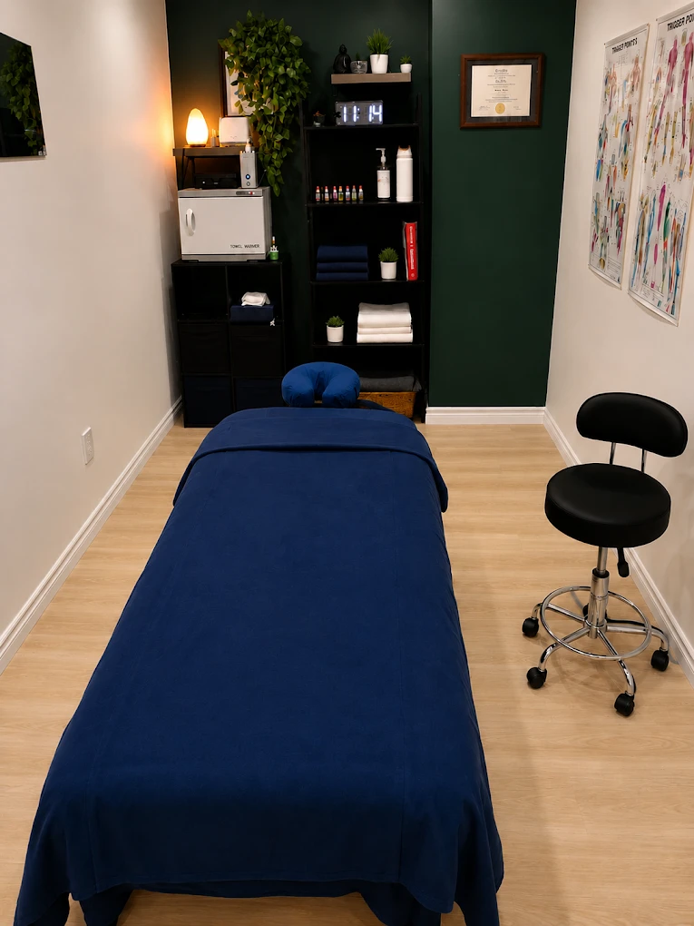 Treatment room at Kimura Massage Therapy and Rehab in Brampton — massage table, towel warmer, and credentials on the wall